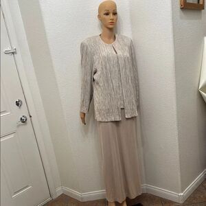 David's Bridal Cream Tan Gold Silver Maxi Dress & Long Sleeve Jacket Side Slit